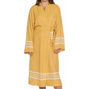 Lalay - hamam badjas Krem Sultan - mustard yellow - XL - dames heren badjas - sauna badjas - dunne badjas - 100% gekamd katoen