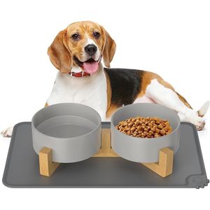 850 ml keramische hondenbak Verhoogde voerbak voor honden met bamboestandaard en antislipmat voor middelgrote en grote honden Voer- en waterbak (grijs)