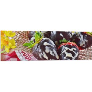 Vlag - Aardbeien met Chocolade op Glazen Schaaltje - 120x40 cm Foto op Polyester Vlag