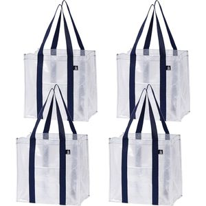 4-pack herbruikbare boodschappentassen met stevige bodem voorvak Multifunctionele boodschappentas Strandtas Rechtop Waterbestendig Duurzaam (transparant, 4 stuks)