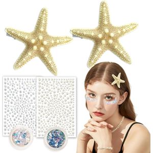 6-Piece Starfish Haarspeld Set - Zeemeermin Kostuum Accessoires met Glitter voor Gezicht en Lichaam - Parels Stickers voor Vrouwen - Perfect voor Carnaval en Cosplay