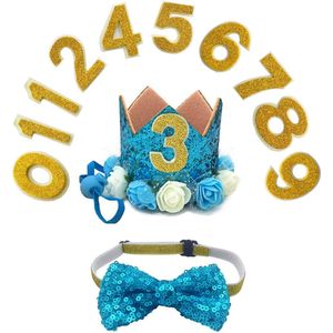 11-delige katten verjaardags set met hoedje met cijfers en strik licht blauw - kat - poes - huisdier - verjaardag - das strik - verjaardags hoed