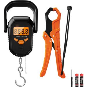 Visweegschaal - 50 kg - Digitale Weegschaal voor Vissen met Meetlat - Draagbare Hangweegschaal met Haak en Vislipgrijper - lb/oz/kg Mode - Inclusief Batterijen