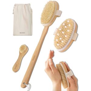 Boxed Lichaamsborstel Set - Badborstel - Rugborstel Douche met Steel - Rug Scrubber - Dry Brushing - Droogborstel met Natuurlijke Haren - Doucheborstel - Huidborstel