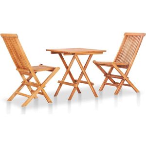 vidaXL Bistroset - Bistrosets - Bistrotafel En -stoel - Bistrotafels En -stoelen - 3-delige Bistroset met zwarte kussens massief teakhout