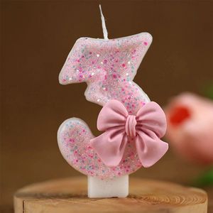 DW4Trading Verjaardagskaars 3 Roze met Strikje - Cijfer-kaars - Taartversiering