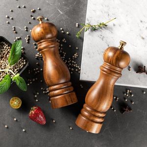 Handgemaakte Houten Peper- en Zoutmolen Set met Keramische Maalmechanisme, Verstelbaar, 7 Inch, Navulbaar