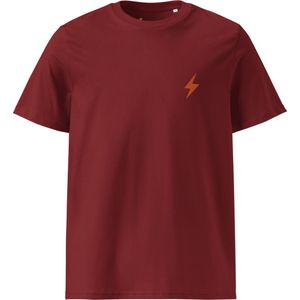 Lightning Symbool - Bitcoin T-shirt - Oranje Geborduurd - Unisex - 100% Biologisch Katoen - Kleur Bordeaux Rood - Maat S | Bitcoin cadeau| Crypto cadeau| Bitcoin T-shirt| Crypto T-shirt| Bitcoin Shirt| Bitcoin Merchandise|Crypto Merch|Bitcoin Kleding