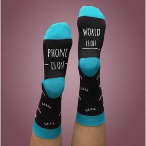 SOXO Dames Sokken 'Phone is On, World is Off' - Zwart/Turquoise - Maat 35-40