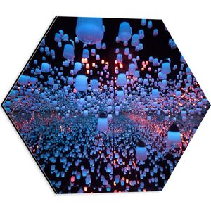 Dibond Hexagon - Opgekleurde Lampen bij een Spiegel - 40x34.8 cm Foto op Hexagon (Met Ophangsysteem)