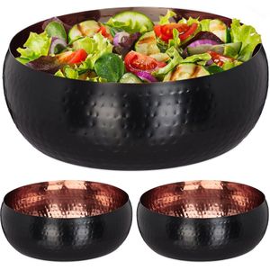 Relaxdays 3x saladeschaal - rvs - Ø 25 cm - gehamerde look - serveerschaal - zwart/koper