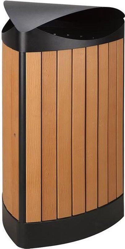 V-part - Driehoekige Buitenafvalbak - Zwart - Poedercoat Staal en Kunststof Houtlook