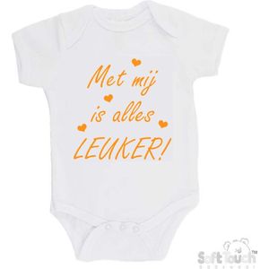 100% katoenen Romper ""Met mij is alles LEUKER!"" Unisex Katoen Wit/mosterd Maat 56/62
