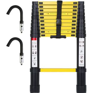 Telescopische Ladder - Telescoopladder - 3,2m zwart + haak, Compact en Draagbaar met Soft Closing Systeem, Geschikt voor Particulier en Professioneel Gebruik, Telescopische Vouwladder, Max. Belasting 150 kg