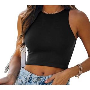 Dames Sexy Mouwloze Racerback Tanktops - Elegante Halternek Crop Top - Gemaakt van Zacht en Stretchy Polyester - Elastaan Mix - Ideaal voor Zomer, Casual Uitjes en Avondfeesten - Zwart - Maat M