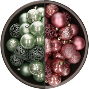 Bellatio Decorations Kerstballen mix - 74-delig - oudroze en mintgroen - 6 cm - kunststof