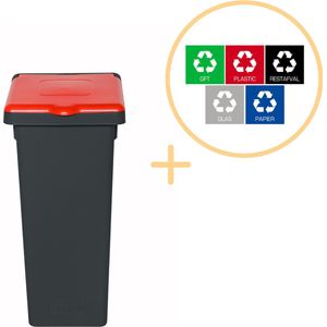 Plafor Fit Bin Prullenbak met Deksel voor Afvalscheiding - 75L – Zwart/Rood- Inclusief 5-delige Stickerset - Afvalbak voor gemakkelijk Afval Scheiden en Recycling - Afvalemmer - Vuilnisbak voor Huishouden, Keuken en Kantoor - Afvalbakken - Recyclen