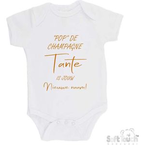 100% katoenen Romper """"Pop"" de champagne Tante is jouw nieuwe naam!"" Unisex Katoen Wit/tan Maat 68/74