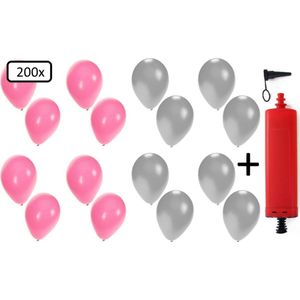 200x Ballonnen roze en zilver + ballonpomp - Ballon carnaval festival feest party verjaardag landen helium lucht thema