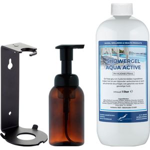 Zeepdispenser 300 ml amber bruin hervulbaar + 1 liter Showergel Aqua Active navulling (inclusief beugel)