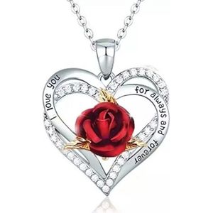Akyol - i love u ketting – valentijn – ketting met hanger - cadeau voor haar - hart ketting – valentijn cadeau voor haar - roos ketting - cadeau voor vriendin - ketting met hart – 1 ketting- roos - ketting - hanger - zilverkleurig - rode kett