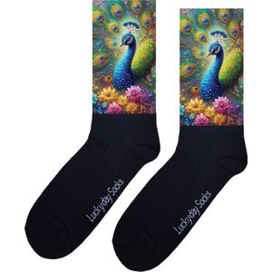 Pauw - Opkikker - Grappige sokken - Valentijn cadeau - Verjaardag cadeau - Sint cadeau - Leuke sokken - Trots op jou - Vrolijke sokken - Cadeautje - Grappig cadeau - Kerst Sokken - Vaderdag - Moederdag - Olieverf - Socks maken Happy - 37-44 - Geluk