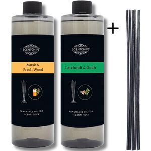 Navulling Musk Vers Hout + Patchouli Oudh - Geurstokjes Navulling Set van 2 + 5 Geurstokjes - Geurverspreider - Luchtverfrisser - Huisparfum - 400ml x 2