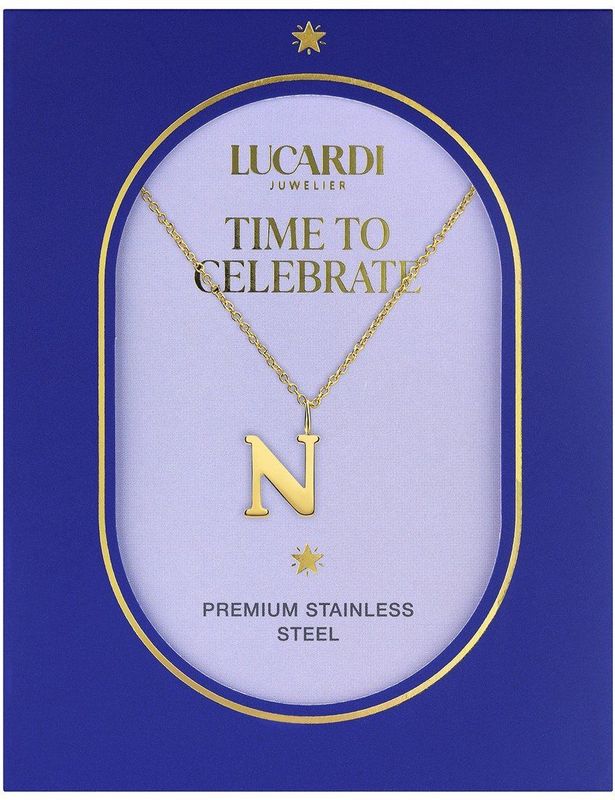 Lucardi - Dames Stalen Goldplated Ketting Letter N - Ketting - Goudkleurig - 47 cm