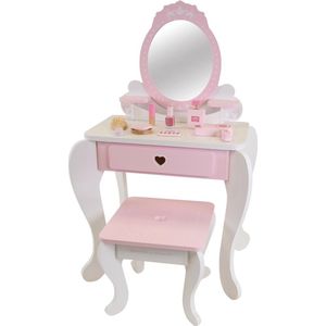 Bandits & Angels Kinder Kaptafel Julia Wit Roze Met Spiegel voor Meisjes vanaf 3 jaar - Houten Make-Up Tafel - Kaptafel Inclusief Krukje - Voor Kinderen