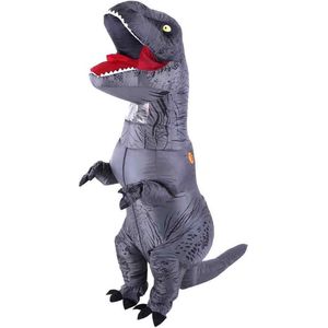 KIMU® Opblaas Kostuum T-Rex Grijs - Opblaasbaar Pak - Dinopak Mascotte Opblaaspak - Opblaasbare Dino Dinosaurus Tyranosaurus Rex Dames Heren Festival