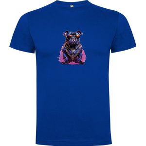 Kobalt Blauw T-Shirt met “Kleurrijke Bulldog met Zonnebril en kettingen “ Print Full Color Maat S