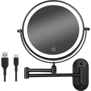 Make Up Spiegel met Led Verlichting - 5X Vergroting - Wandspiegel Rond - Scheerspiegel Wandmodel - Badkamer - Douche - Zwart