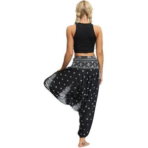 yoga pants - loose women high waist - Boho Jumpsuit Harem Pants gym - Zwart Wit - Maat M