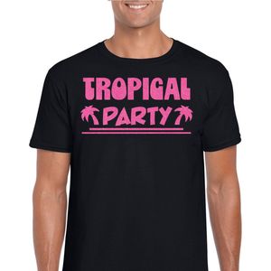 Toppers - Bellatio Decorations Tropical party T-shirt heren - met glitters - zwart/roze -carnaval/themafeest XS