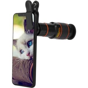 Mobiele telefoonlens - 12x telelens voor mobiele telefoons - 12x lens - Externe lens voor mobiele telefoons - Geschikt voor mobiele telefoons en tablets - Universeel - Intrekbare focuslens - Zwart