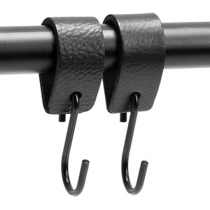 Brute Strength - Leren S-haak hangers - Zwart - 2 stuks - 12,5 x 2,5 cm – Zwart zilver – Leer - handdoekhaakjes - Ophanghaken – kapstokhaak