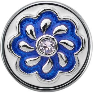 Quiges - Dames Click Button Drukknoop 18mm Bloem Margriet Blauw en Wit met Zirkonia - EBCM225