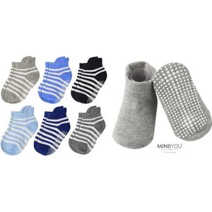 6 Paar - Antislip Sokken Kind Baby - 1-3 jaar - Strepen Wit Lichtblauw Grijs - Enkelsokken - Verbeterde kwaliteit