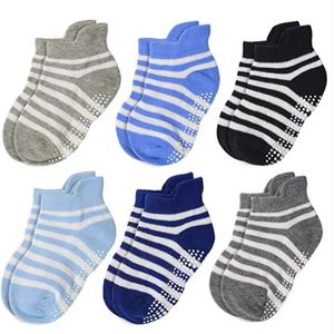 6 Paar - Antislip Sokken Kind Baby - 1-3 jaar - Strepen Wit Lichtblauw Grijs - Enkelsokken - Verbeterde kwaliteit