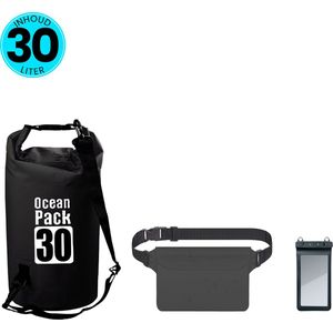 Somstyle 3-in-1 Drybag Set 30 Liter - Droog Tas, Heuptas & Telefoonhoes Waterdicht - Outdoor, Vakantie, Travel & Zwemmen - Zwart