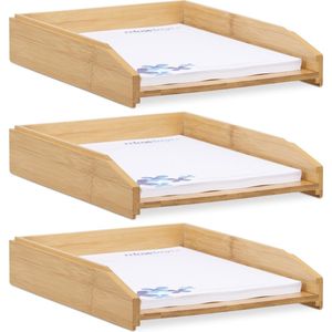 Relaxdays 3 x brievenbak stapelbaar - documentenbak - hout - A4 formaat - papierbak bamboe