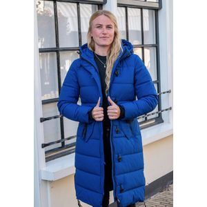 Lange dames winterjas - Gewatteerd en getailleerd - Kobaltblauw - Maat 38