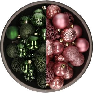 Bellatio Decorations Kerstballen mix - 74-delig - donkergroen en velvet roze - 6 cm - kunststof