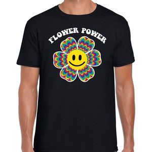 Jaren 60 Flower Power verkleed shirt zwart met psychedelische emoticon bloem heren - Sixties/ jaren 60 kleding M