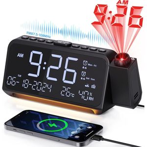 Digitale projectieklok met 320° projector, FM-radio en nachtlampje voor de slaapkamer