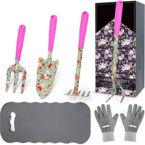 Goodivery ® Bloementuingereedschapset 6-delige tuinset met prachtige print Tuincadeaus voor vrouwen met verplantschepje, vork, handhark, cultivator, tuinhandschoenen en kniebeschermer