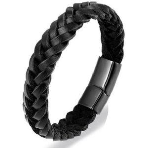 Sorprese armband - Excellence - armband heren - zwart - grof gevlochten leer - 21 cm - RVS - cadeau - Model O