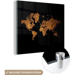 MuchoWow® Glasschilderij 50x50 cm - Schilderij glas - Wereldkaart - Goud - Bruin - Foto op acrylglas - Schilderijen
