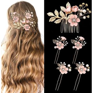 Premium - Bruids Haaraccessoires Set - Haar Kam, Parel Kristal Haarspelden, Bloem Haarspelden - Bruiloft, Bruid, Vrouwen - Roze.