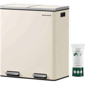 Vuilnisbak, Vuilnisbak, Met 2 Vakken, 2 X 30 L, Met 15 Vuilniszakken, Metalen Pedaalemmers, Kunststof Binnenemmers, Met Scharnierende Deksels En Handgrepen, Luchtdicht, Creme Wit
